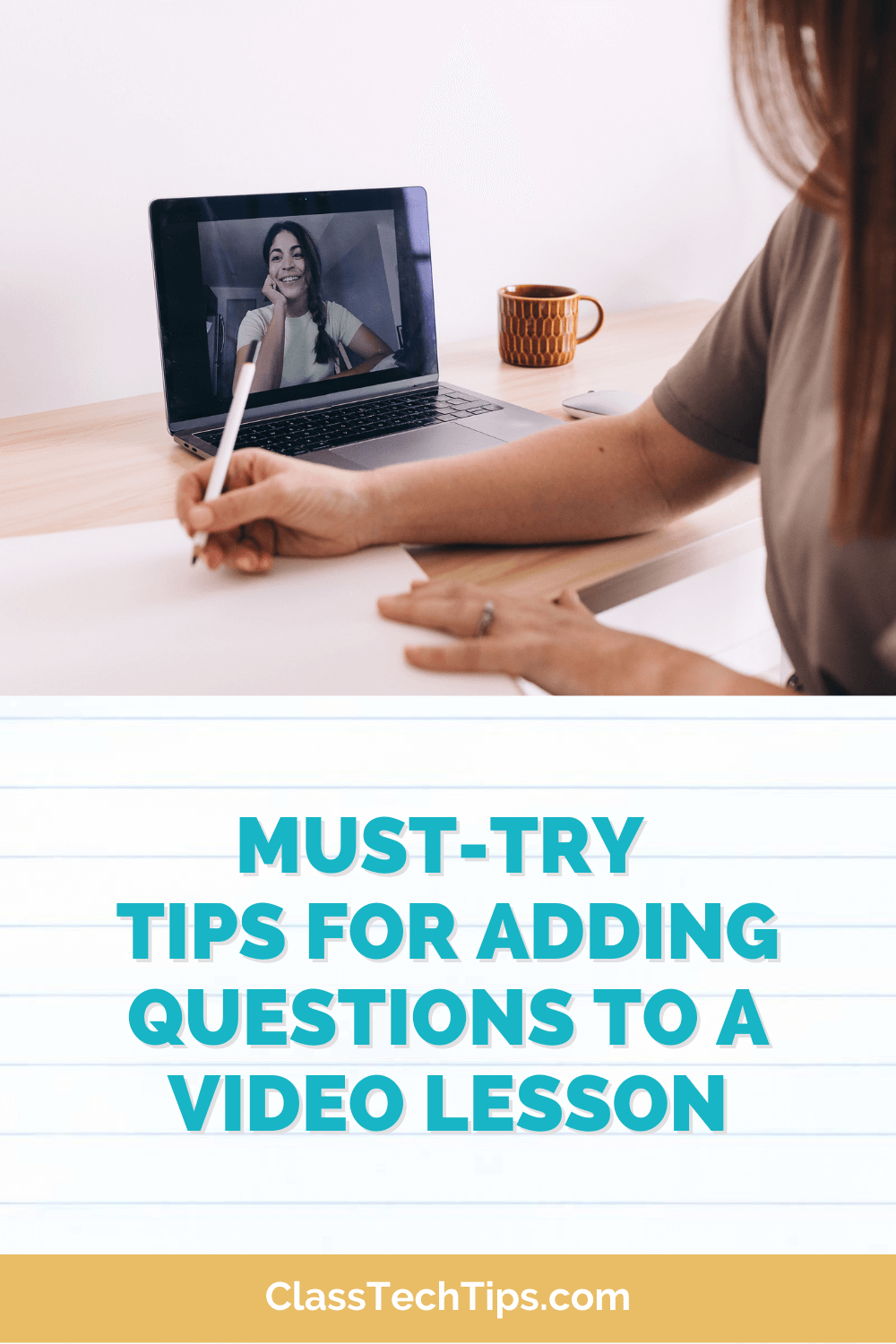 A focused teacher attentively watches her colleague sharing teaching tips on a video call, exploring the potential of videos in the classroom.