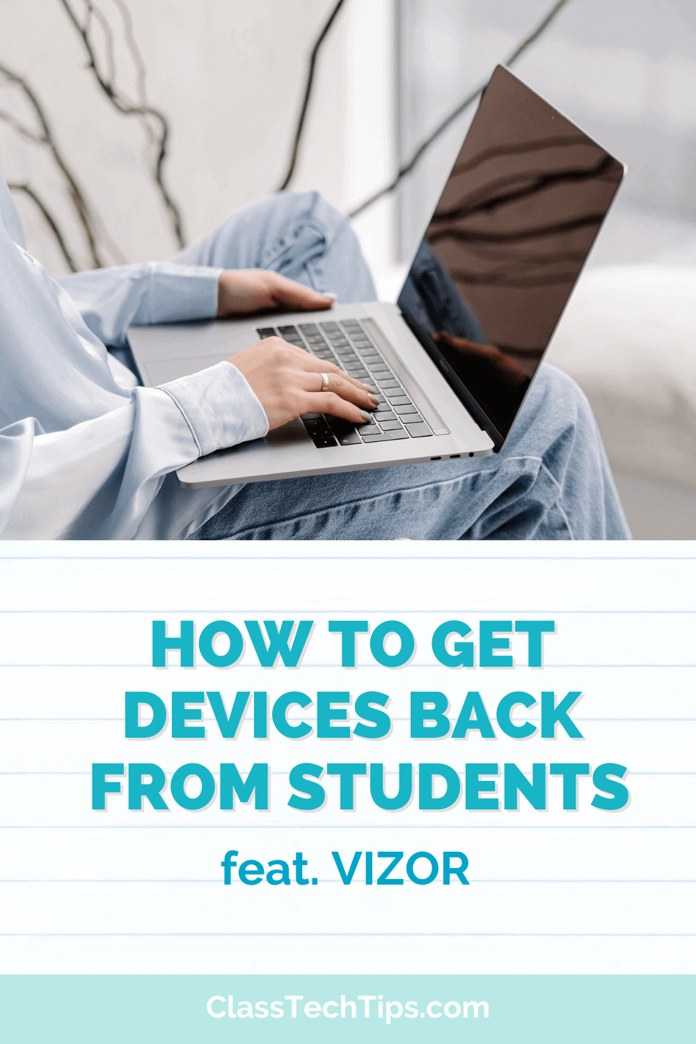 A woman wearing casual jeans sitting and holding a laptop on her lap, representing the process of collecting devices back from students.