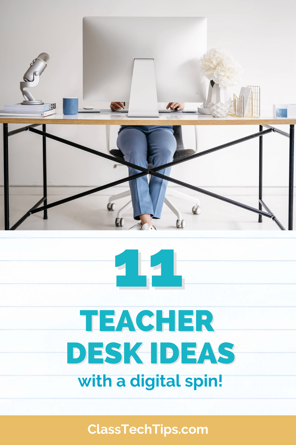 Teacher sitting at a well-organized desk with a computer, exemplifying one of the 11 digitally-inclined teacher desk ideas featured in the blog post.