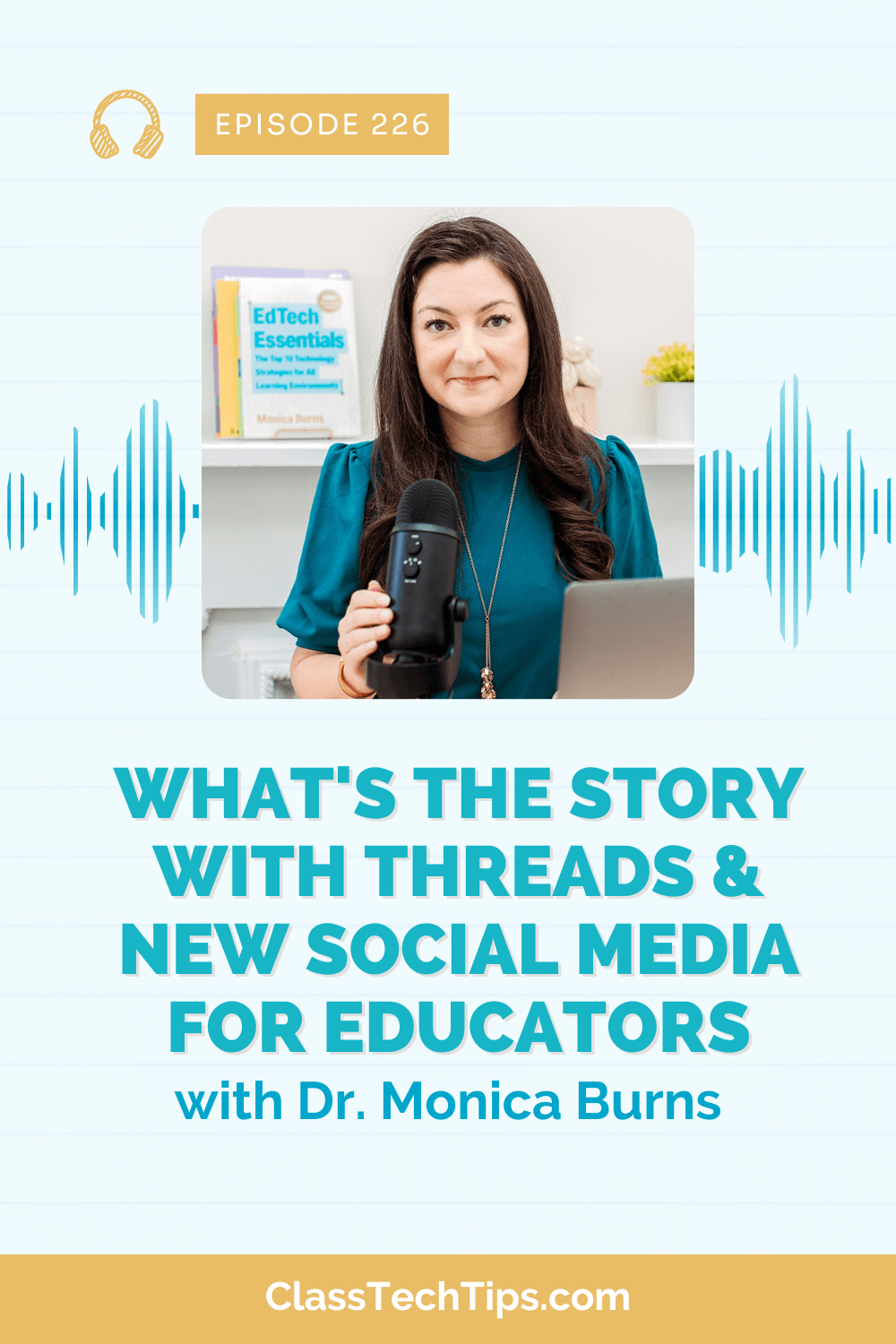 The host in her podcast recording setup, engaging in a vibrant discussion about the use of Threads, a new social media tool for educators.