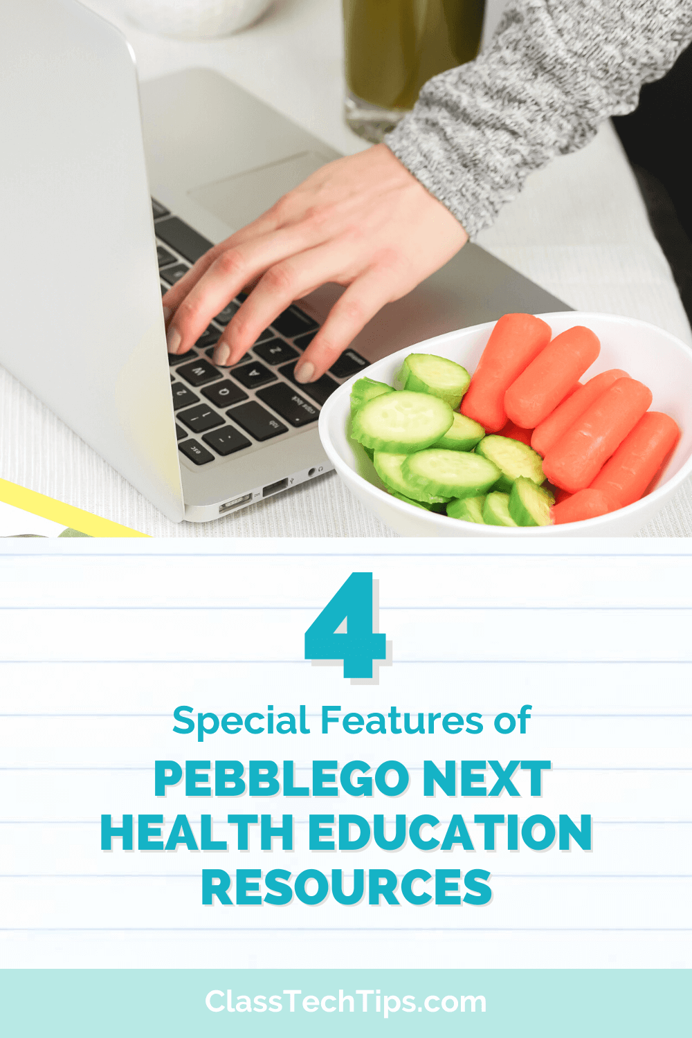 A teacher sits at a desk with a laptop displaying PebbleGo Next Health, surrounded by healthy snacks, highlighting elementary health education.