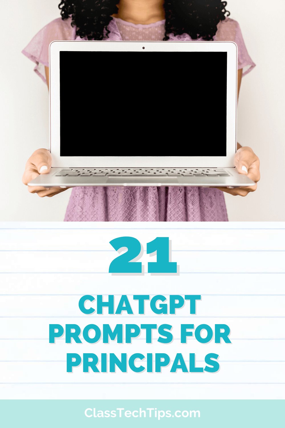 A principal confidently holding a laptop, symbolizing the use of ChatGPT prompts for school leadership and team productivity.