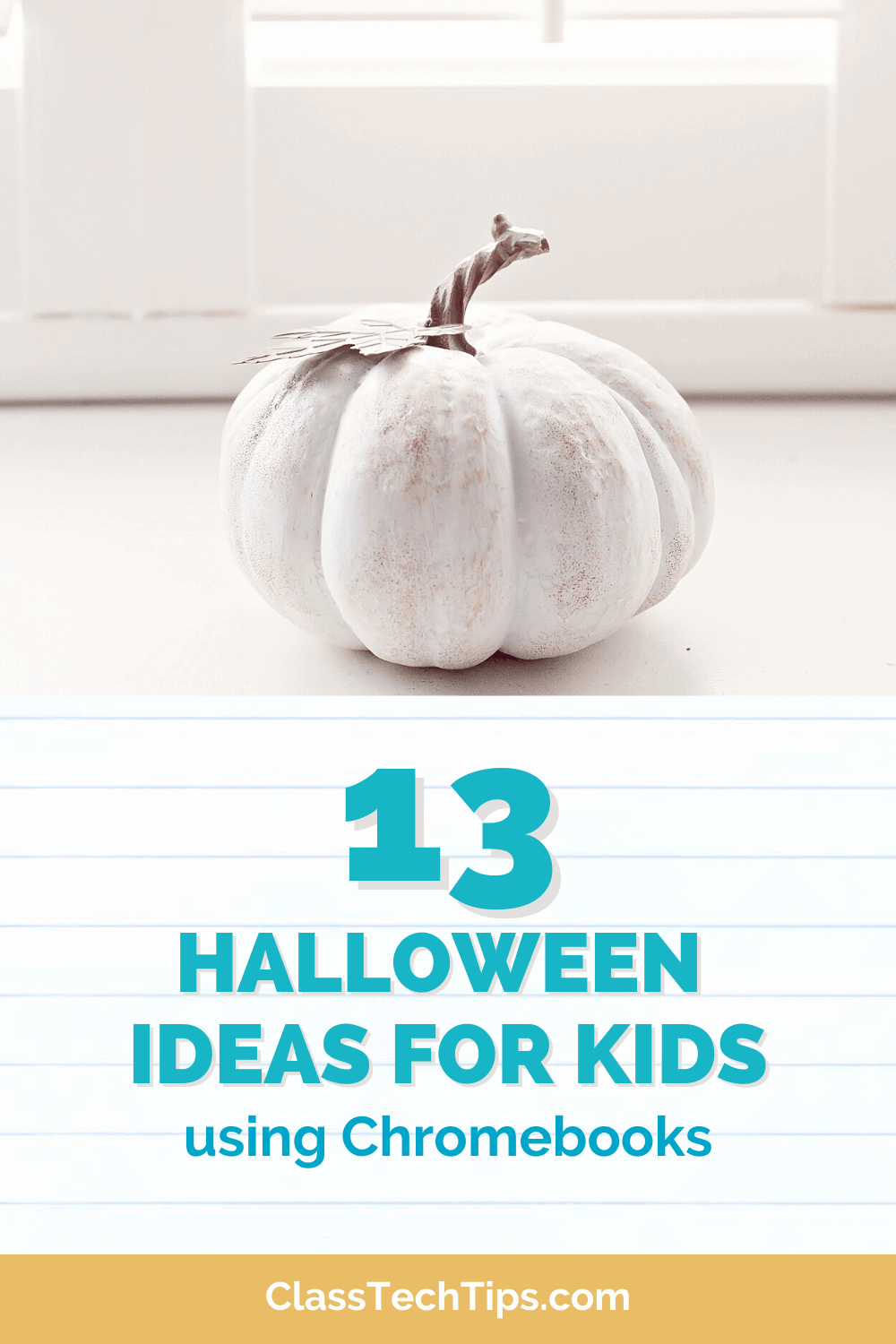 A pumpkin sitting on a classroom desk, symbolizing Halloween-themed activities that incorporate Chromebooks.