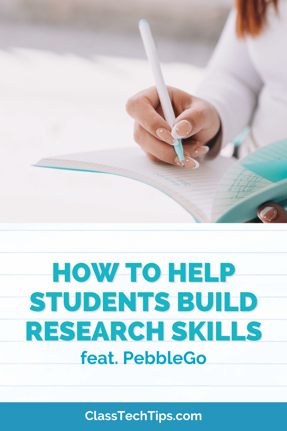 Teacher holding a notebook and pencil, symbolizing the importance of building research skills in elementary school students.