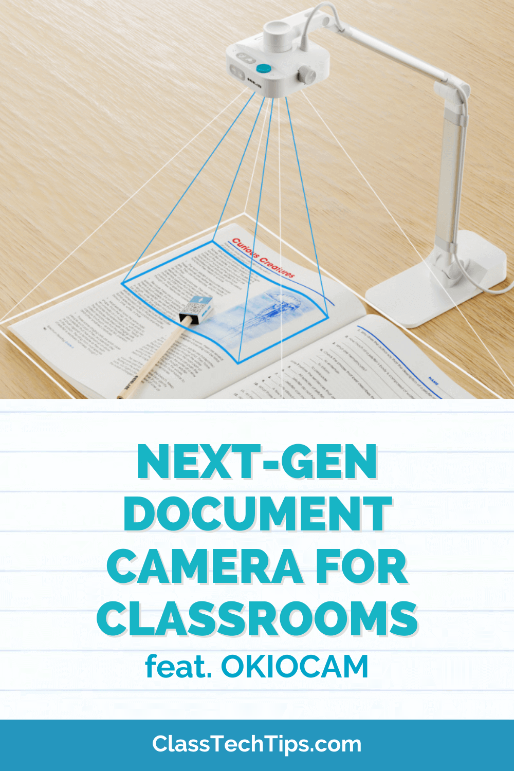 A next-generation document camera displayed on a teacher's desk, showcasing its advanced features for classroom use.