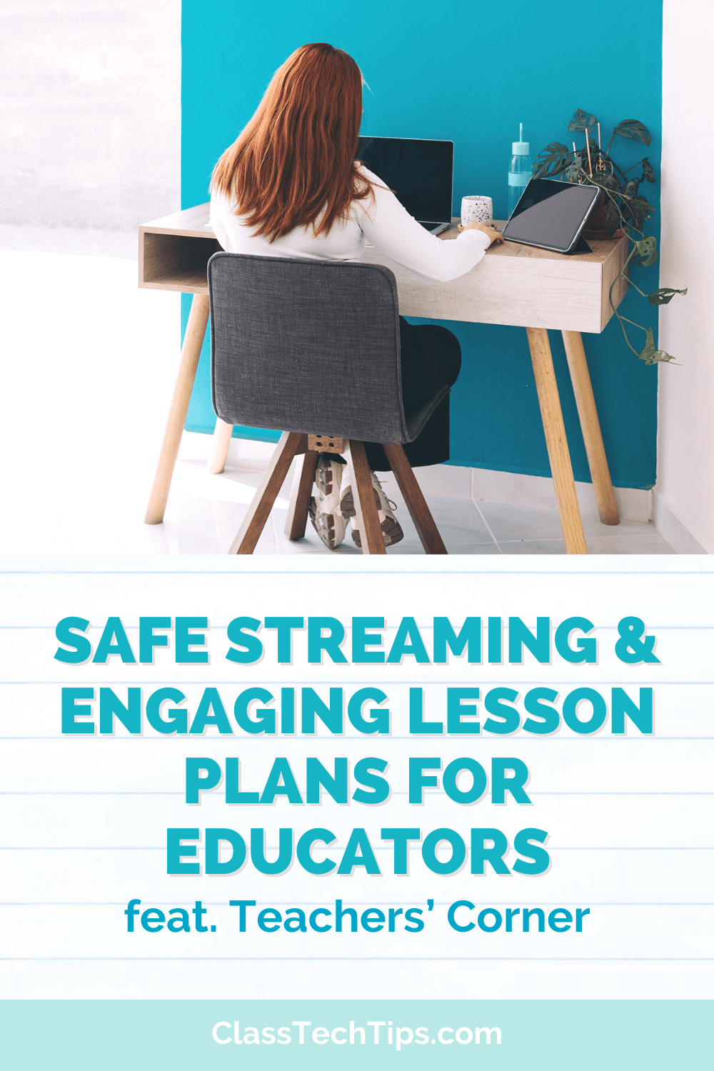 Teacher at her desk browsing safe streaming options on her computer for engaging lesson plans.