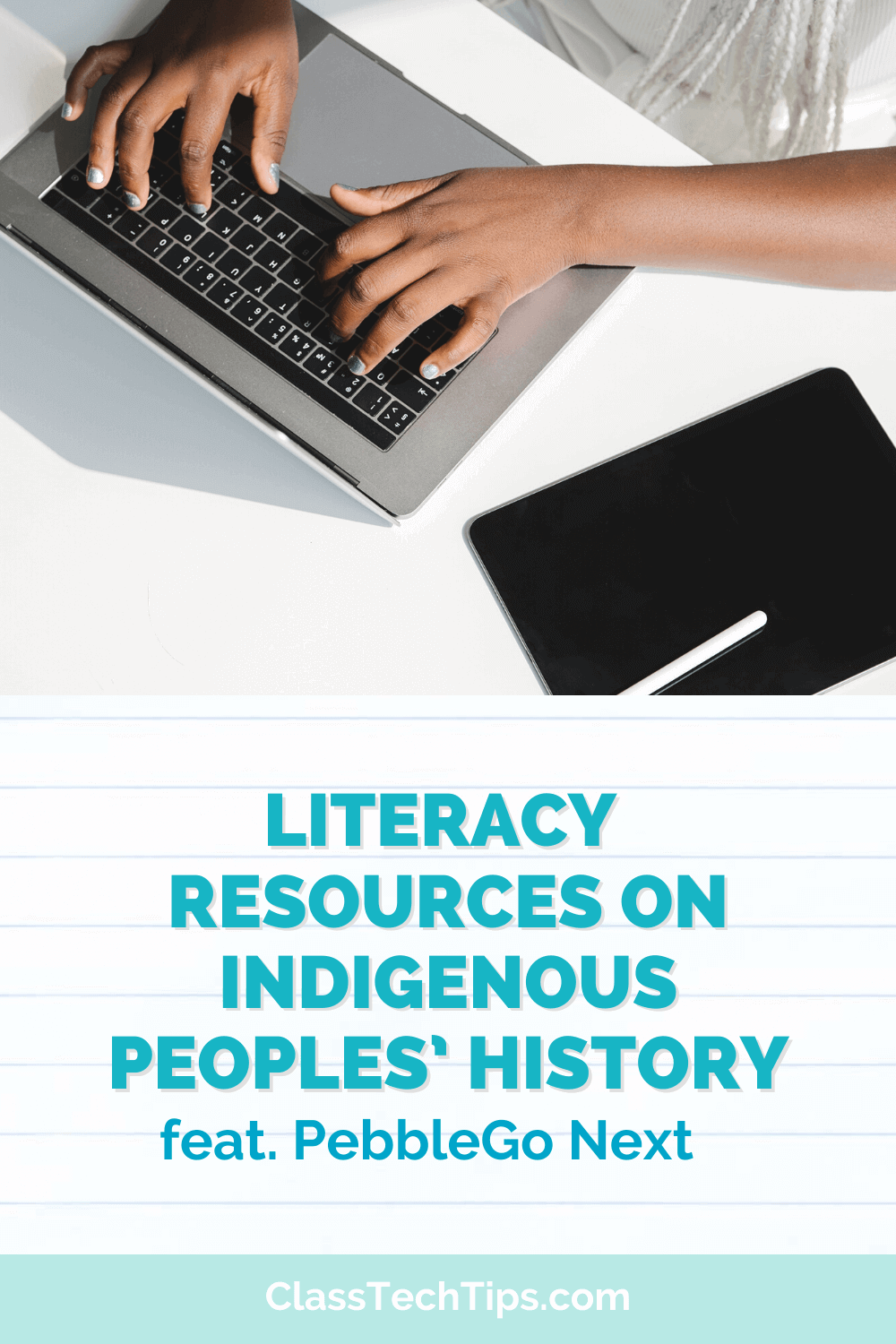 Teacher using a laptop displaying educational resources on Indigenous Peoples' History for an elementary school lesson.