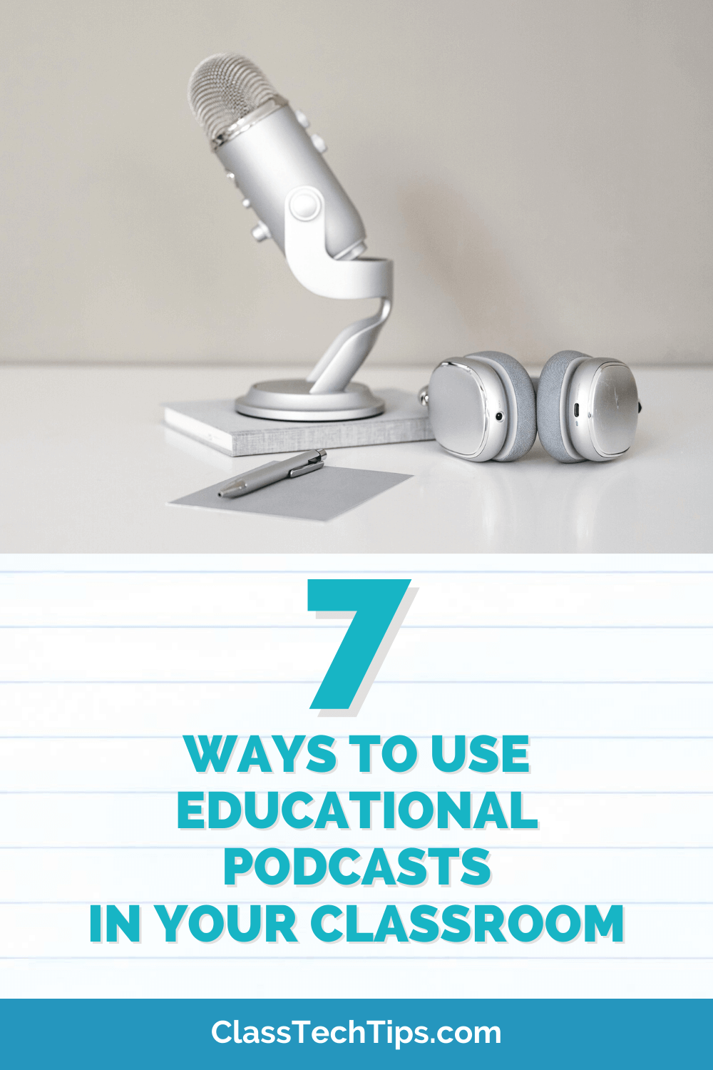 Microphone and headphones on a teacher's desk, representing the integration of podcasts in education.