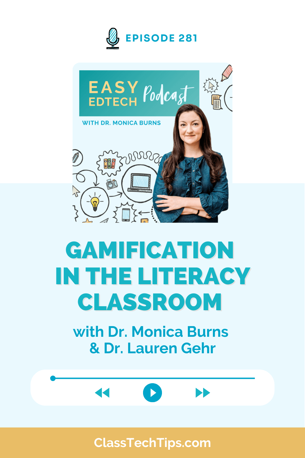Podcast cover for the Easy EdTech Podcast, Episode 281, featuring Dr. Monica Burns and Dr. Lauren Gehr discussing gamification in the literacy classroom.
