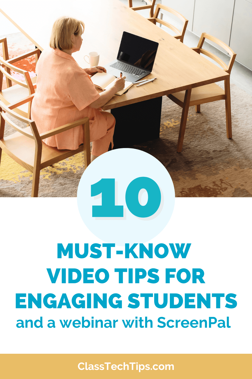 Graphic for '10 Must-Know Video Tips for Engaging Students,' promoting a webinar with ScreenPal. Learn actionable video tips to engage students effectively.
