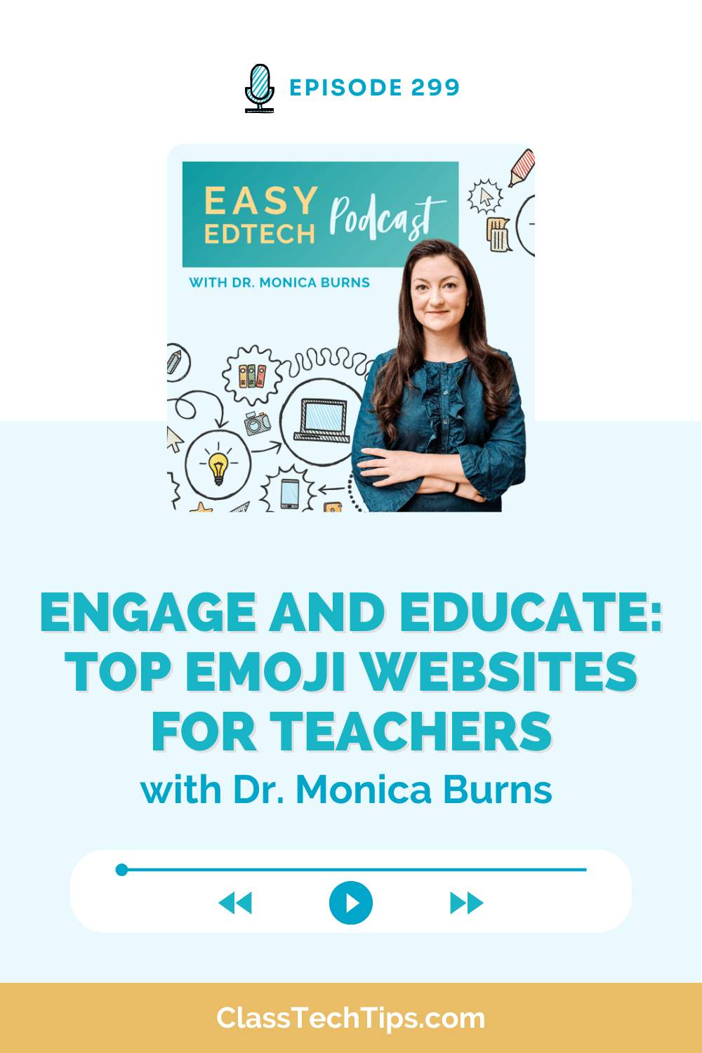Episode 299 of the Easy EdTech Podcast with Dr. Monica Burns: Engage and Educate - Top Emoji Websites for Teachers. Featuring tips on using emojis in education for engaging lessons, feedback, and digital organization. ClassTechTips.com.