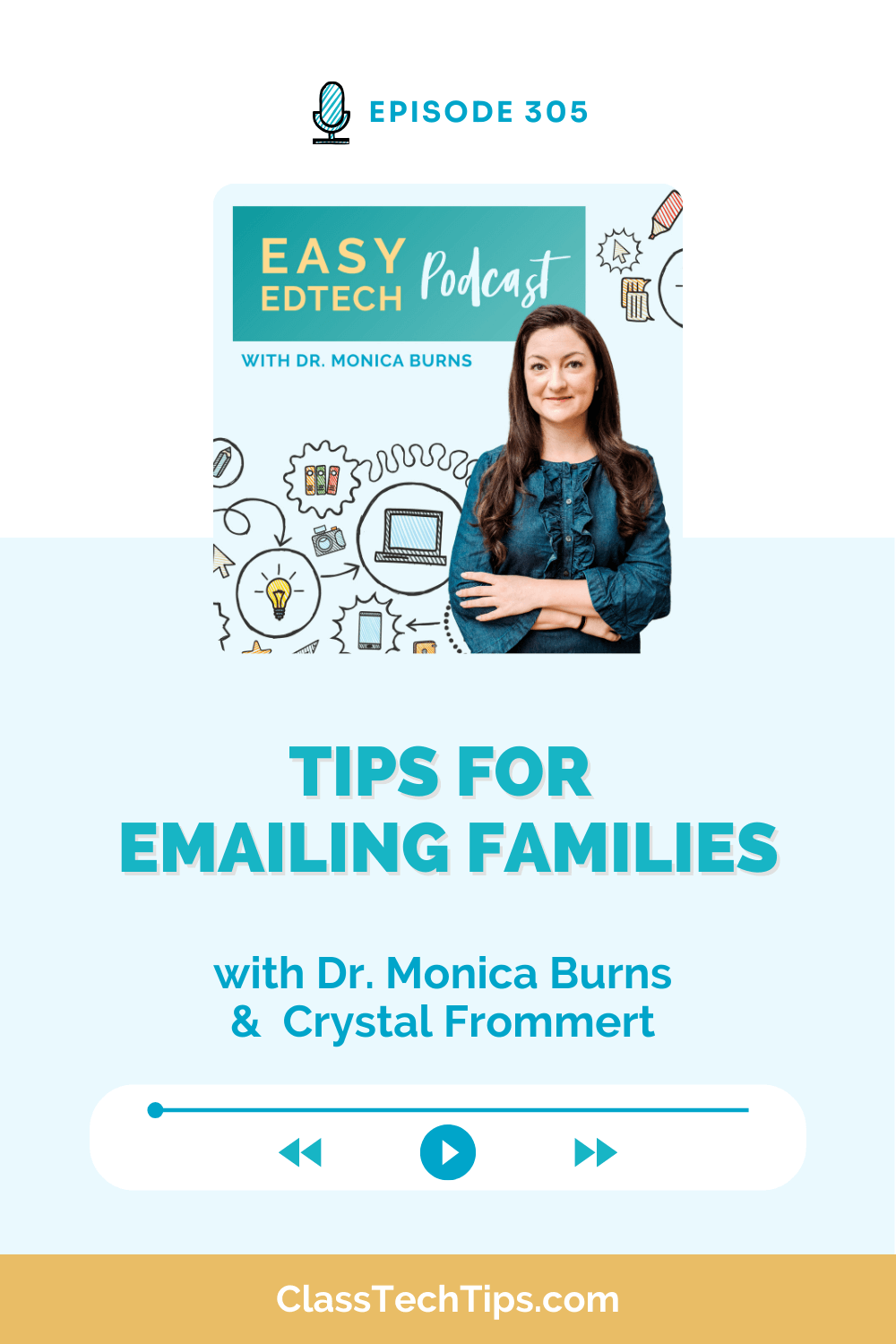 Episode 305 of the Easy EdTech Podcast: Tips for Emailing Families with Dr. Monica Burns and Crystal Frommert. Learn strategies for effective school-home communication. ClassTechTips.com.
