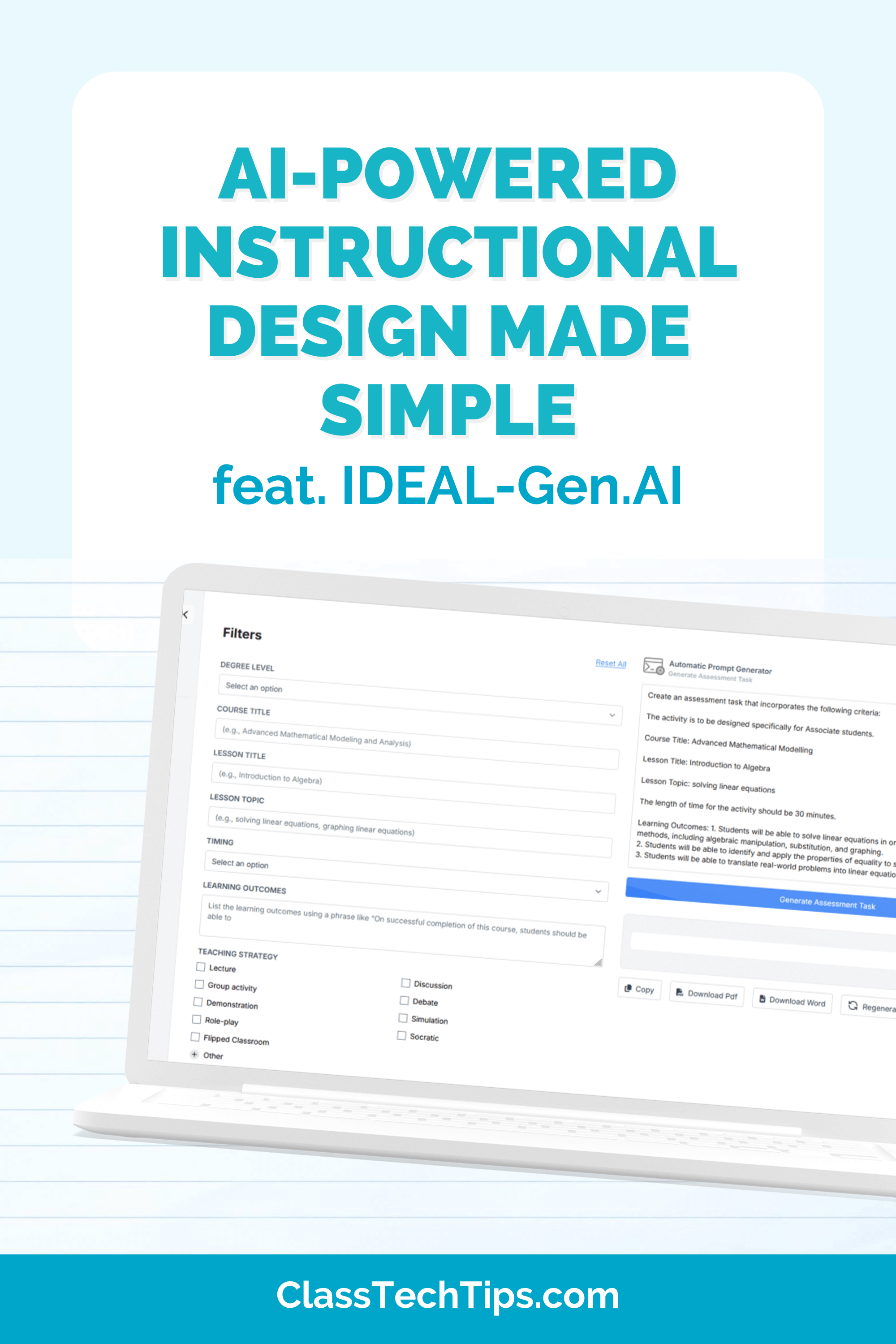 Promotional graphic for IDEAL-Gen.AI showcasing AI-Powered Instructional Design for teachers