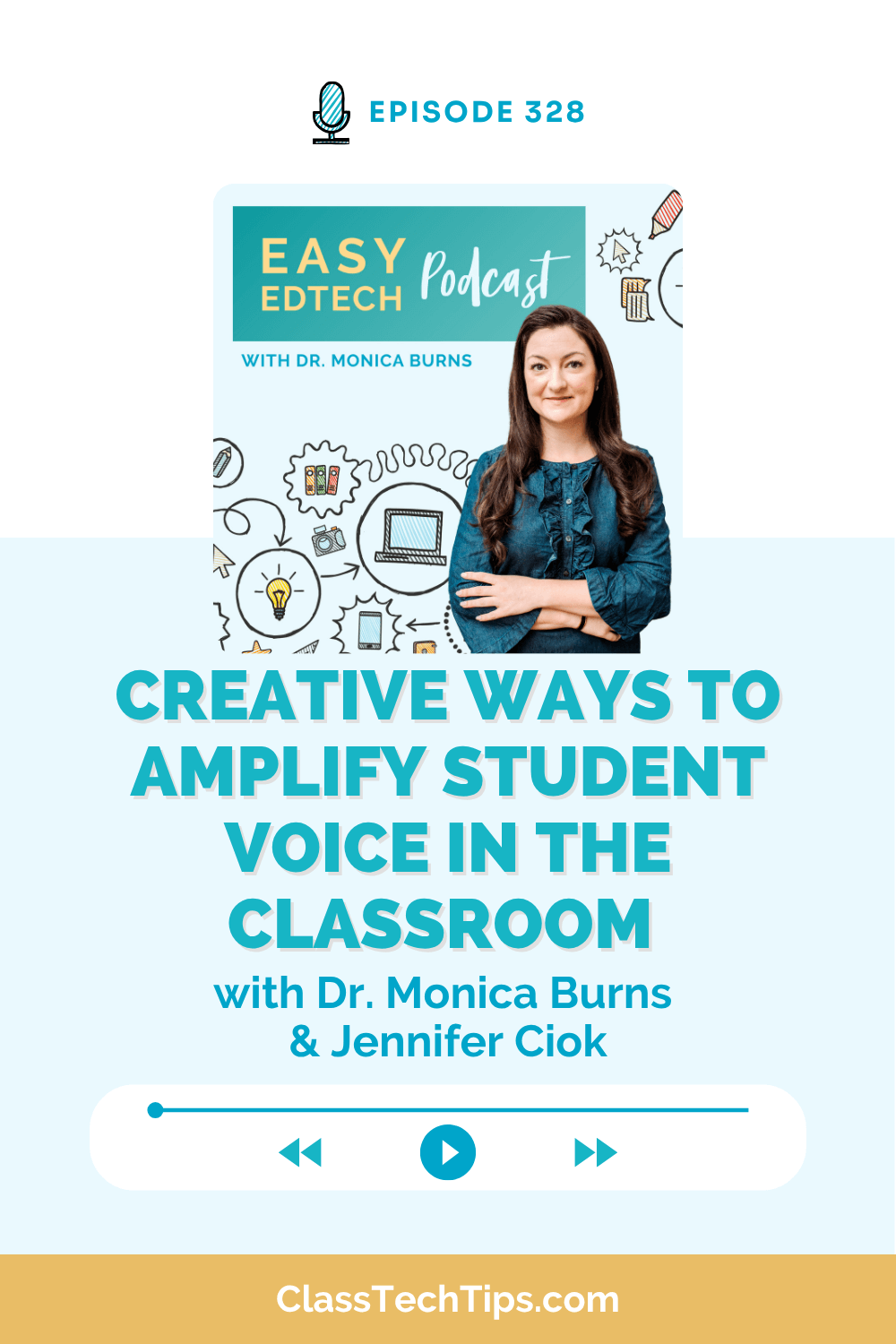 Podcast cover for Easy EdTech Episode 328 featuring Dr. Monica Burns and Jennifer Ciok, discussing creative ways to amplify student voice in the classroom.