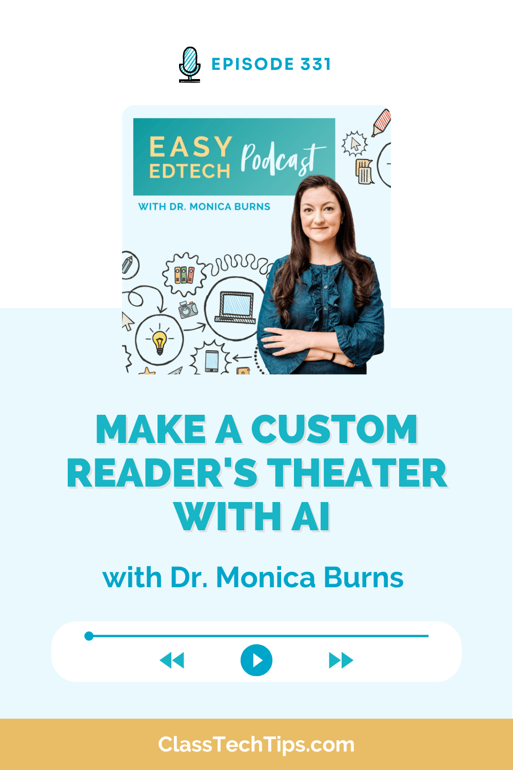 Podcast episode cover for Easy EdTech featuring Dr. Monica Burns, titled “Make a Custom Reader's Theater with AI,” highlighting how educators can use AI to create engaging classroom scripts.