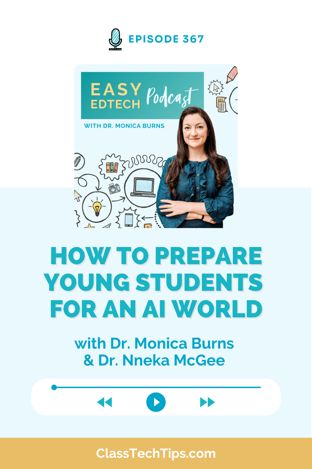 Podcast cover for Easy EdTech Episode 367 featuring Dr. Monica Burns and Dr. Nneka McGee on how to prepare young students for an AI world through age-appropriate learning
